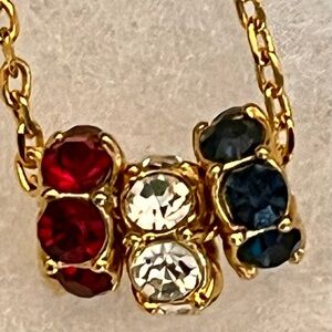 S O Gold Necklace w Red White Blue Patriotic Crystals Gemstones American Pride